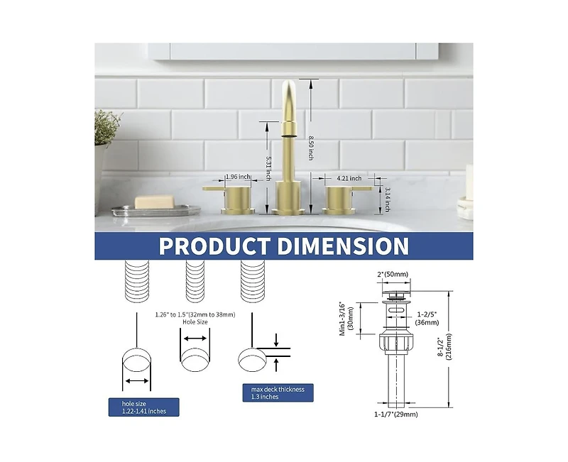 Busdays 2 Handle Widespread Bathroom Faucet 8 Inch 3 Hole 360 Degree Swivel Spout with Pop Up Drain Assembly