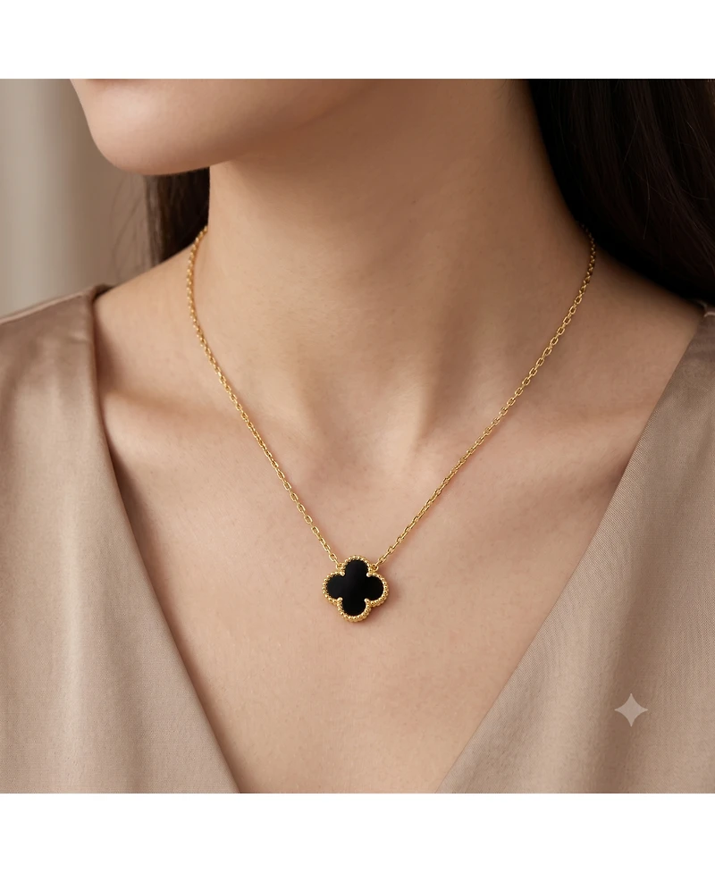 Simona Sterling Silver, Onyx Clover, Beaded Outline Necklace