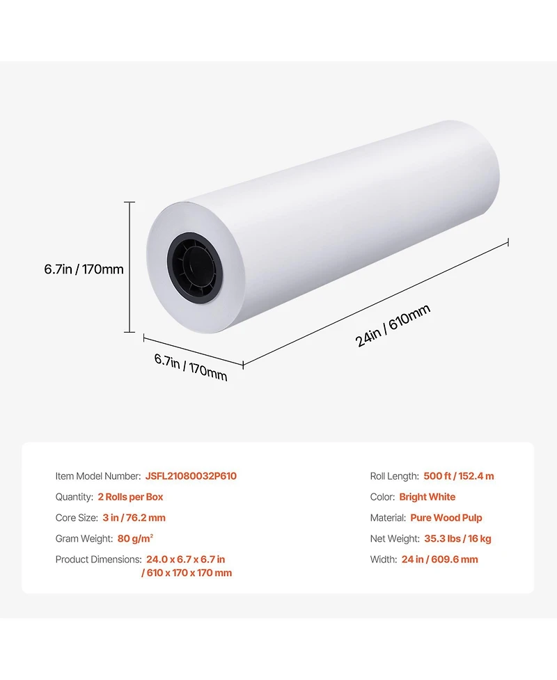 Sevorley Wide Format Plotter Paper, 24 in x 500 ft Cad Bond Rolls, 2-Pack with 3 in Core