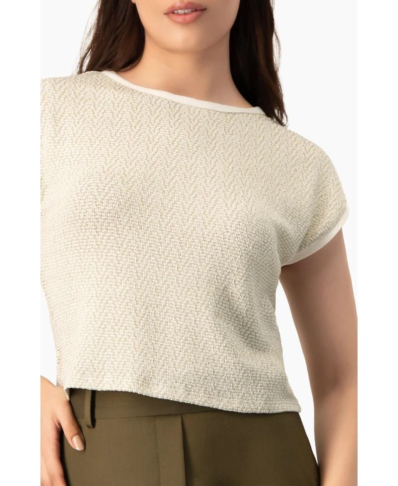 Ivonne Women's Textured Cap Sleeve Boat Neck Knit Cropped Top