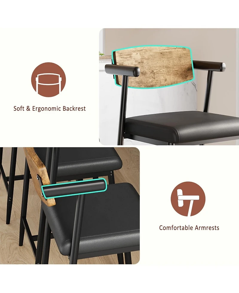 homfan Set of 2 Bar Stools with Arms, Wood Back and Footrest, 26" Counter Height
