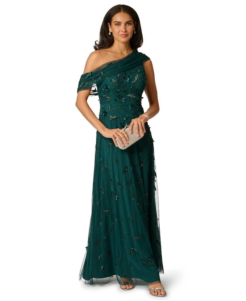 Adrianna Papell Women's One-Shoulder Beaded Ball Gown