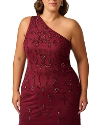 Adrianna Papell Plus One-Shoulder Beaded Gown