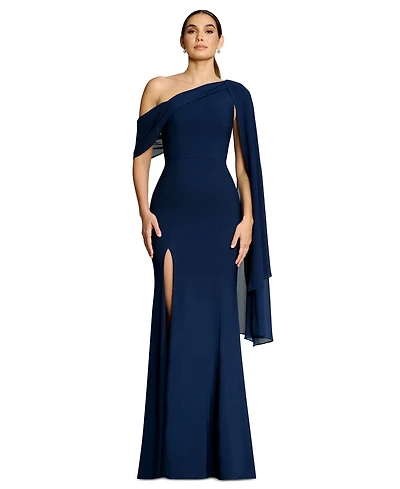 Dress the Population Women's Asymmetrical Neck Shoulder-Drape A-Line Gown