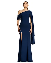 Dress the Population Women's Asymmetrical Neck Shoulder-Drape A-Line Gown