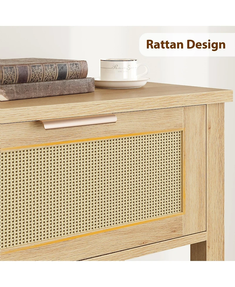 homfan Boho Rattan Console Table with 2 Drawers - Narrow Sofa Side Table - 2-Tier Wooden Storage Shelf