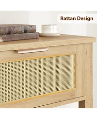 homfan Boho Rattan Console Table with 2 Drawers - Narrow Sofa Side Table - 2-Tier Wooden Storage Shelf