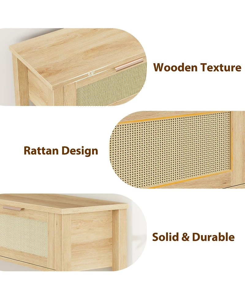 homfan Boho Rattan Console Table with 2 Drawers - Narrow Sofa Side Table - 2-Tier Wooden Storage Shelf