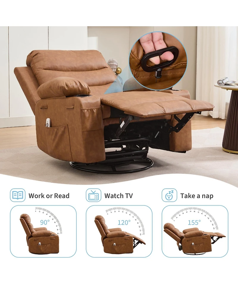 homfan Oversized Manual Rocking Chair, Corduroy 360degree(s) Swivel Glider with Cup Holder, Massage and Heat Recliner, Small Sofa Chair