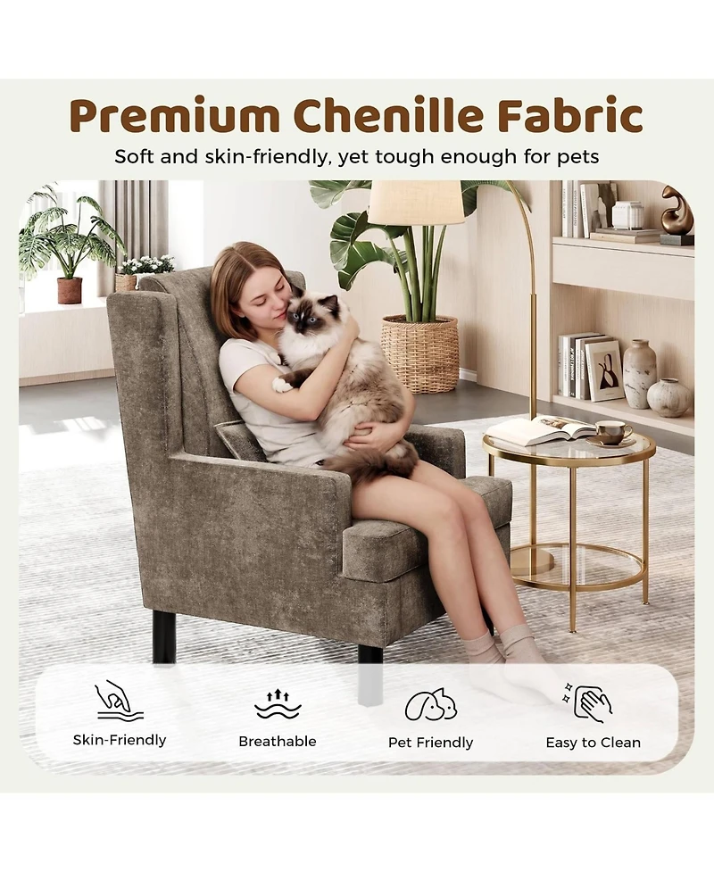 homfan Wingback Accent Chair for Living Room, Mid-Century Modern Reading Chair with Chenille Upholstery, High Back, Pillow and Wood Legs