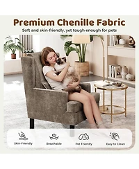 homfan Wingback Accent Chair for Living Room, Mid-Century Modern Reading Chair with Chenille Upholstery, High Back, Pillow and Wood Legs