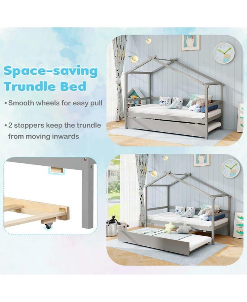 Gouun Kids Twin House Bed with Roof and Pull-Out Trundle for Sleepovers