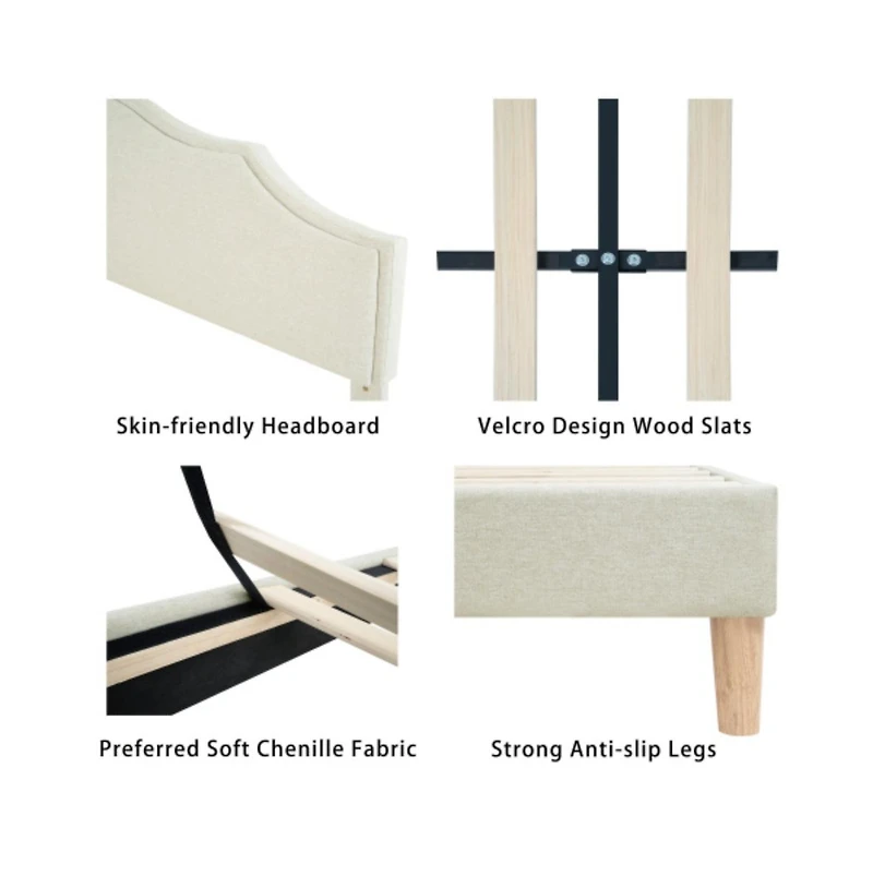 Lucky One Queen Size Platform Bed with Adjustable Headboard - No Box Spring Needed, 1000 lbs Cap