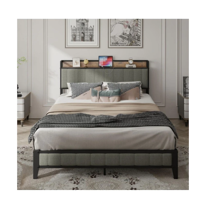 Lucky One King Size Platform Bed Frame with Usb Outlets, Heavy Duty Metal Slats, No Box Spring Needed, Under-Bed Storage