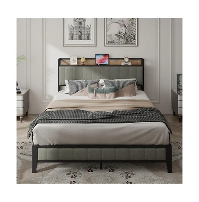 Lucky One King Size Platform Bed Frame with Usb Outlets, Heavy Duty Metal Slats, No Box Spring Needed, Under-Bed Storage