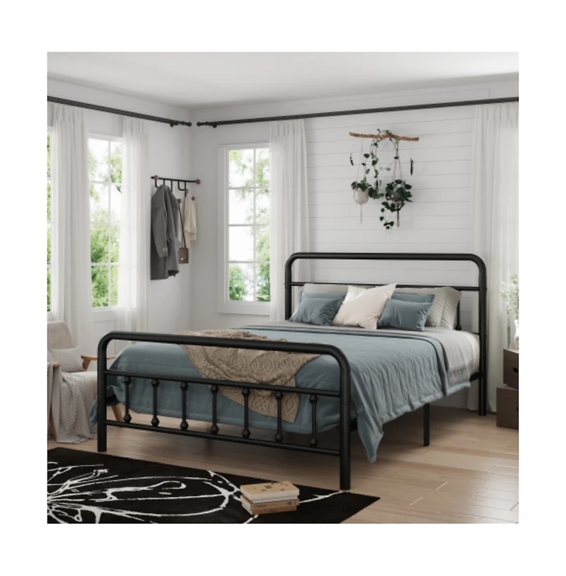 Lucky One Queen Size Metal Bed Frame with Headboard, Sturdy Structure, Under-Bed Storage, No Box Spring Needed