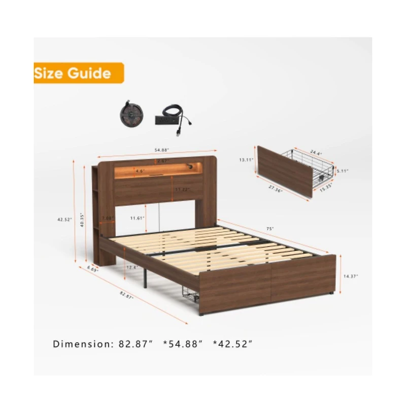 Lucky One Full Size Wood Platform Bed Frame with 2 Storage Drawers, Led Headboard, Usb Charging, No Box Spring Needed, Farmhouse Style