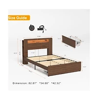 Lucky One Full Size Wood Platform Bed Frame with 2 Storage Drawers, Led Headboard, Usb Charging, No Box Spring Needed, Farmhouse Style
