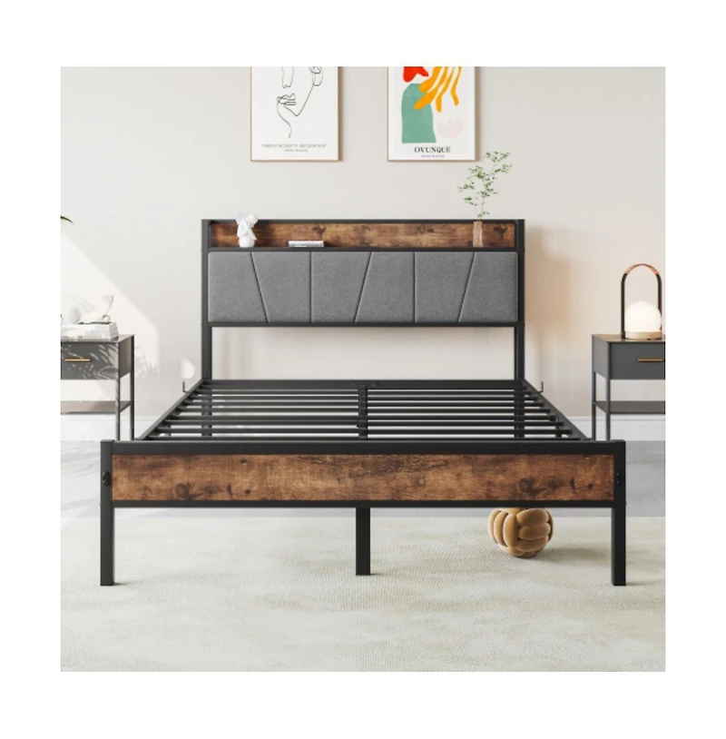 Lucky One Full Size Bed Frame with Storage Headboard, Usb Charging Station, Upholstered Design, Metal Slats, No Box Spring Needed
