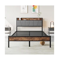 Lucky One Full Size Bed Frame with Storage Headboard, Usb Charging Station, Upholstered Design, Metal Slats, No Box Spring Needed