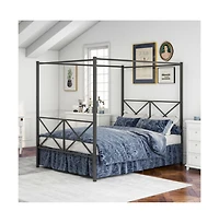 Lucky One Queen Size Metal Canopy Bed Frame with X-Shaped Frame, Platform Bed, Steel Construction, No Box Spring Needed, Under-Bed Storage