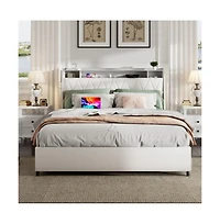 Lucky One Queen Size Platform Bed Frame with Ergonomic Headboard, Outlets, Usb Charger, Storage Shelf, Noise-Free, No Box Spring Needed