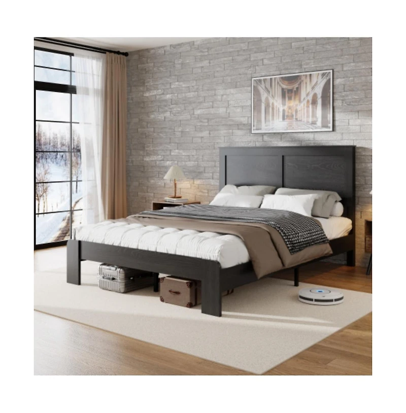 Lucky One Queen Size Wood Platform Bed Frame with Industrial Style, Metal Frame, Wood Slats, No Box Spring Needed