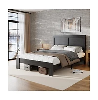 Lucky One Queen Size Wood Platform Bed Frame with Industrial Style, Metal Frame, Wood Slats, No Box Spring Needed