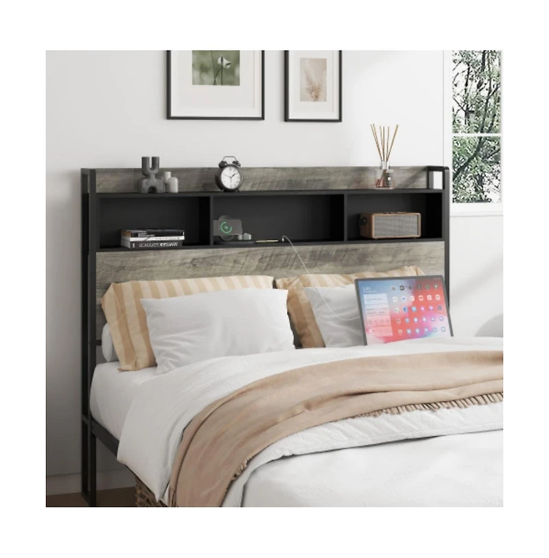 Lucky One Full Size Wooden Platform Bed Frame with Storage Headboard, Usb Charging, Wood Slats, No Box Spring Needed, Under-Bed Storage