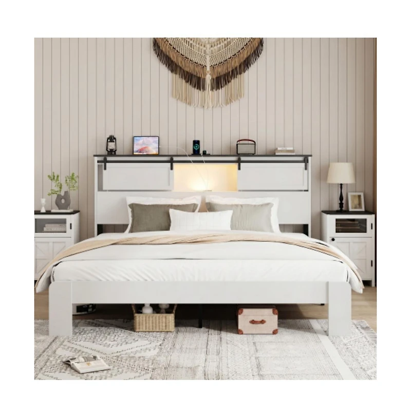 Lucky One King Size Metal Bed Frame with Storage Headboard, Usb Charging, Heavy Duty Metal Slats, No Box Spring Needed