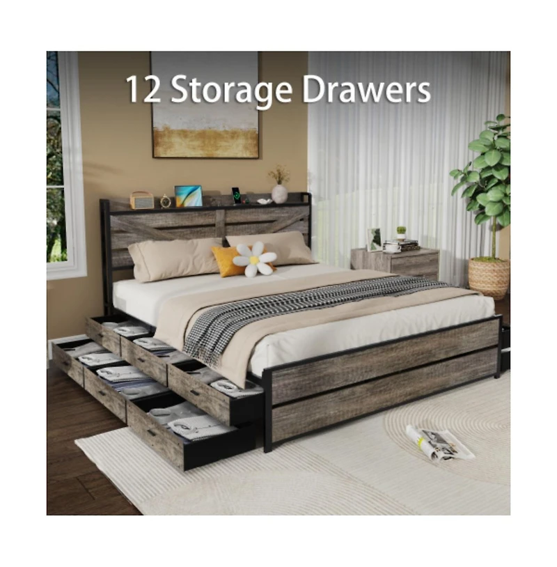 Lucky One King Size Bed Frame with Storage Headboard, 12 Drawers, Usb Charging Station, All-Metal Support, No Box Spring Needed