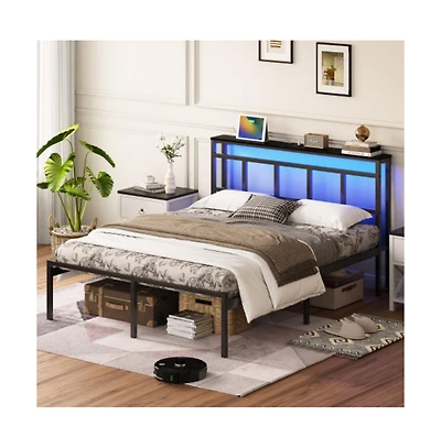 Lucky One 14 Inch Queen Size Bed Frame with Storage Headboard, Usb-c and Type-c Charging, Rgb Led Lights, Metal Slats, No Box Spring Needed