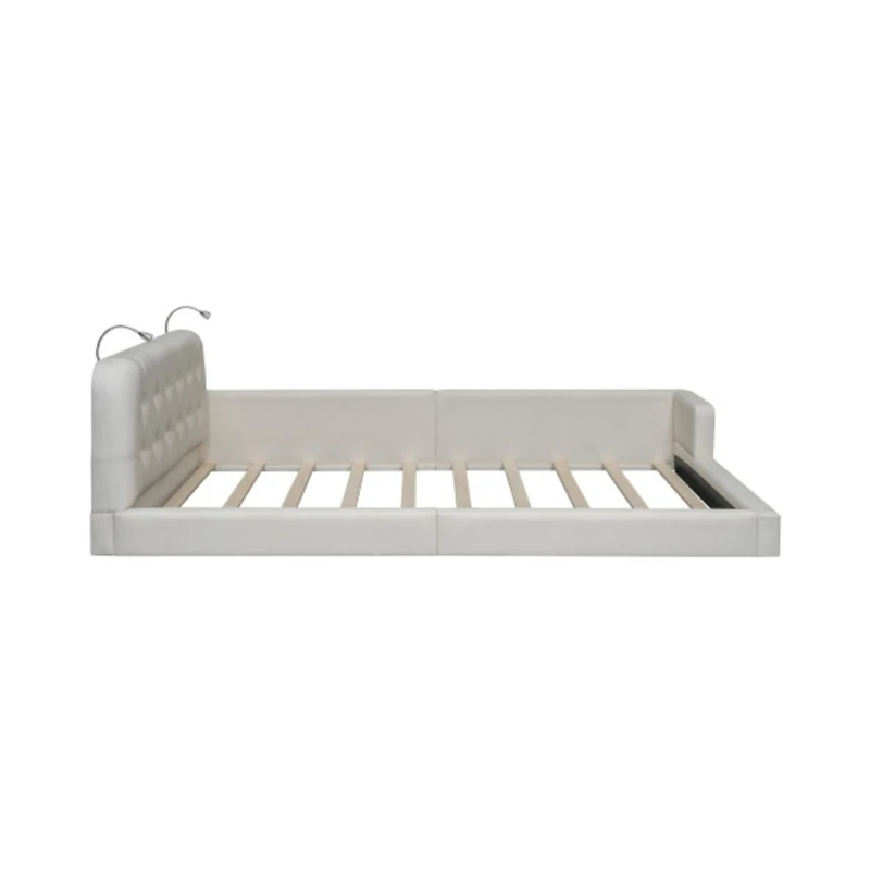 Lucky One Queen Size Upholstered Platform Bed with 2 Reading Lights, Pu Leather, Wood Slats, No Box Spring Needed