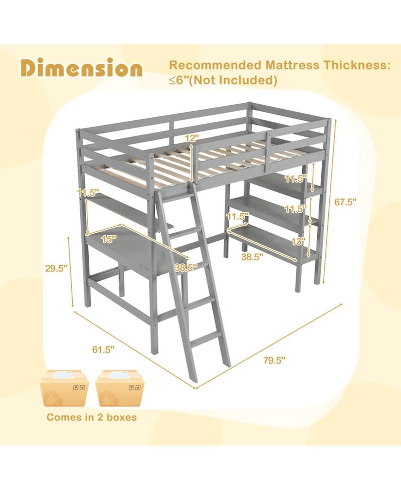 Gouun Twin Loft Bed with Integrated Desk and Bookshelves for Kids and Teens