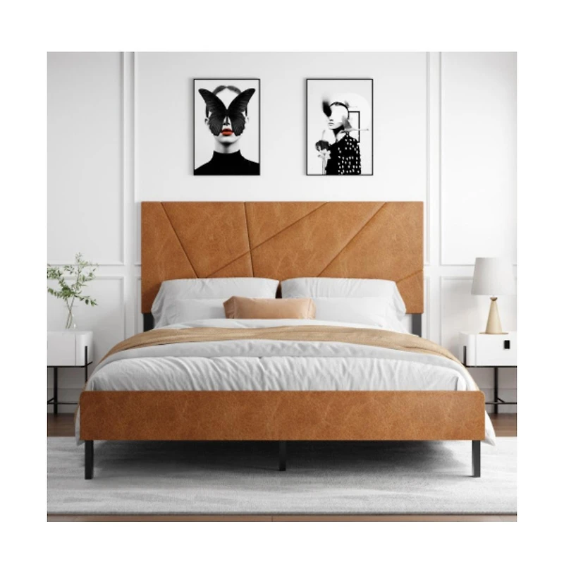 Streamdale Furniture Lucky One Queen Size Metal Platform Bed Frame with Upholstered Headboard, Square Design, Under-Bed Storage, No Box Spring Needed