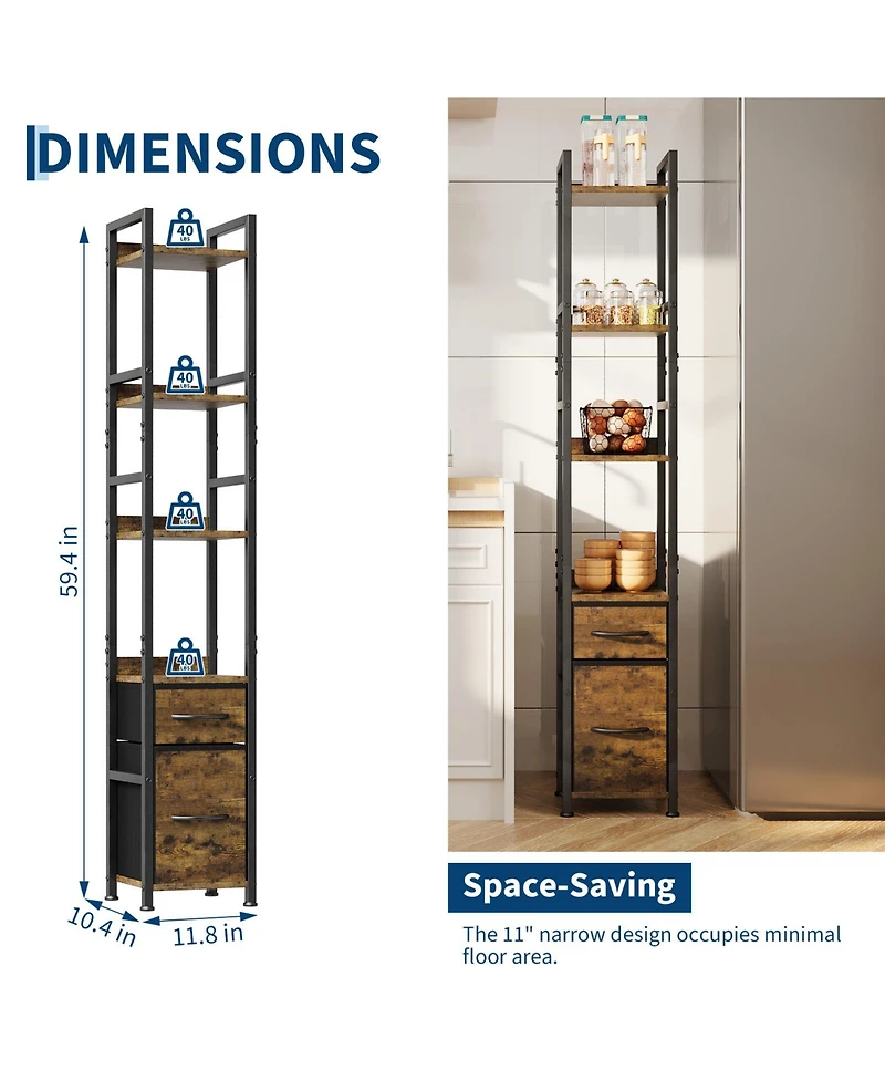 homfan 6-Tier Tall Narrow Industrial Bookshelf with 2 Fabric Drawers, Metal Frame
