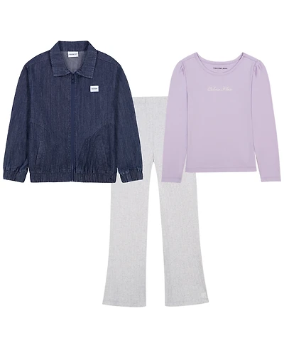 Calvin Klein Girls' 2T-6X Full-Zip Jacket, Sweatshirt and Pants, 3-Piece Set