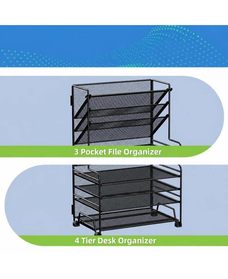 Danrong 4-Tier Document Tray and 3-Slot File Organizer - Metal Desktop Storage Rack