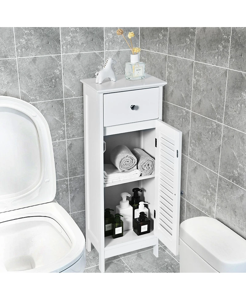 Gymax Bathroom Floor Storage Cabinet Side Wooden Organizer with Drawer and Shutter Door