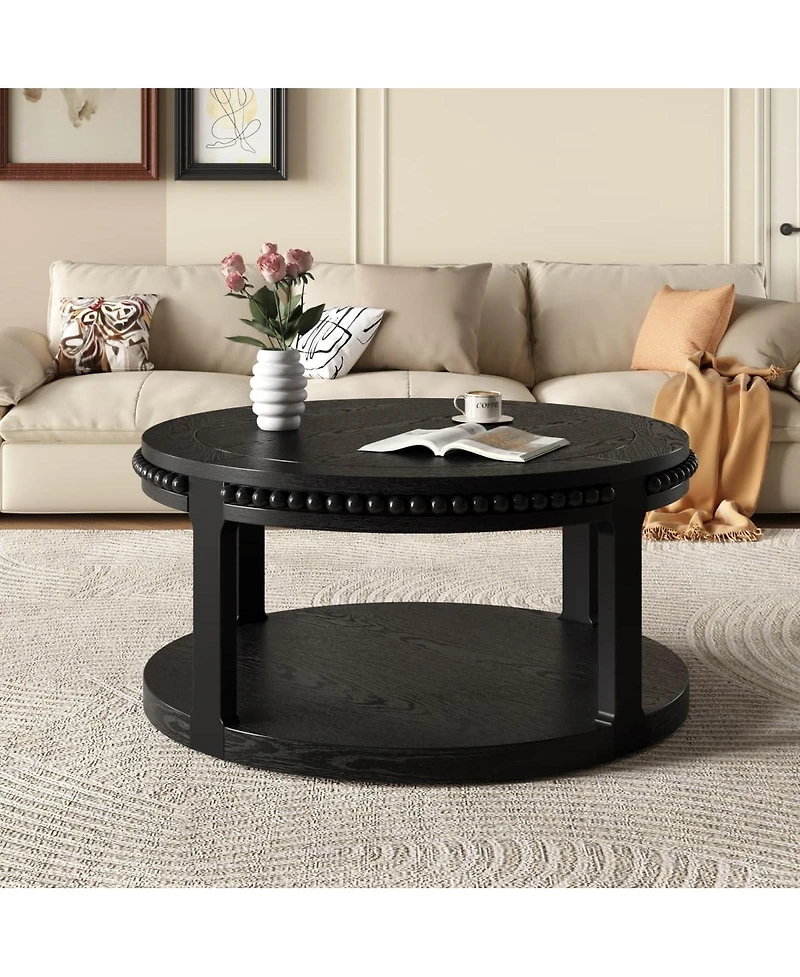 The Pop Home 31.5" Round Coffee Table, 2-Tier Solid Wood Accent Table with Shelf
