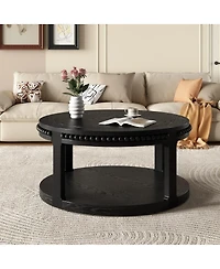 The Pop Home 31.5" Round Coffee Table, 2-Tier Solid Wood Accent Table with Shelf
