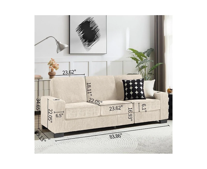 Rainsken 83.86" Corduroy 3-Seater Sofa with Cup Holder, High Resilience Sponge , Pet Friendly Modern Furniture for Living Room Bedroom Office