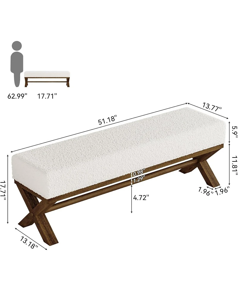 Tribesigns 51.18 inches Solid Wood Dining Bench: Modern with faux shearling seat and X-legs. Upholstered for dining room, living room.