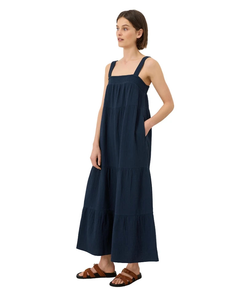 Pact Women's Organic Cotton Coastal Double Gauze Strappy Tiered Dress