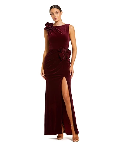 Mac Duggal Women's High Neck Velvet Column Gown with 3D Floral Accents