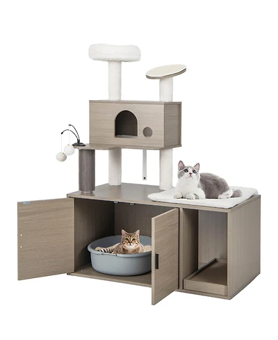 Gymax Cat Tree with Litter Box Enclosure 2-in-1 Modern Cat Tower with Cat Condo