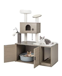 Gymax Cat Tree with Litter Box Enclosure 2-in-1 Modern Cat Tower with Cat Condo