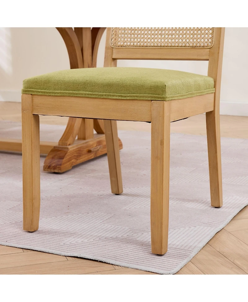 Maison Boucle Mid Century Modern Dining Chairs Set of 2, Farmhouse Rattan Cane Back Side Chairs, Linen Upholstered Seat, Solid Wood Frame