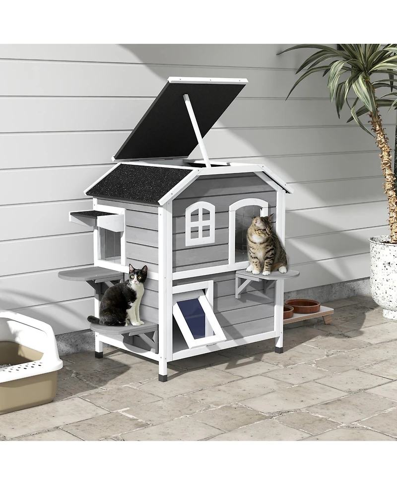Ruie 2 Story Outdoor Cat House Weatherproof Wooden Feral Cat Shelter