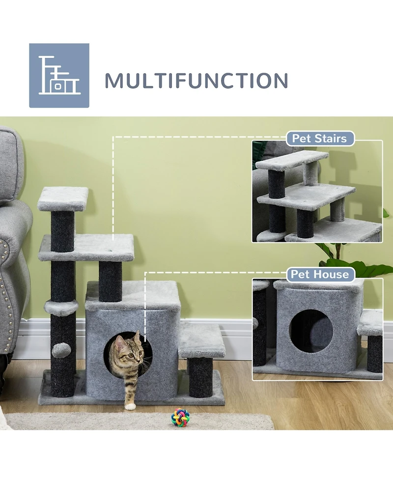 Ruie Adjustable 3 to 4 Step Cat Stairs with Scratching Post and Condo
